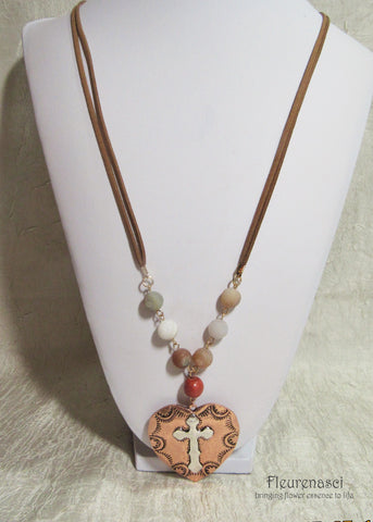 42N-IS-AR Inspirational Flower Petal Bead Leather Natural Stone Necklace w/Heart Cross Pendant