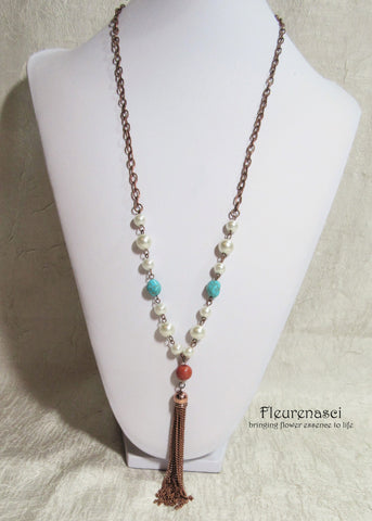 43N-IS-AR Inspirational Flower Petal Bead Pearl and Turquoise Necklace with Metal Tassel
