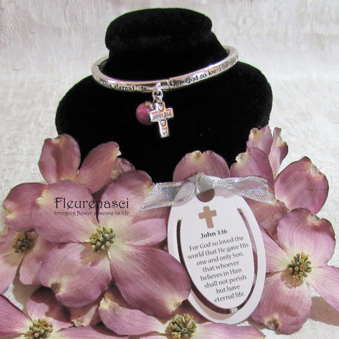 41BR-IS-DG Flower Petal Bead Inspirational John 3:16 Bracelet w/Silver Cross Charm