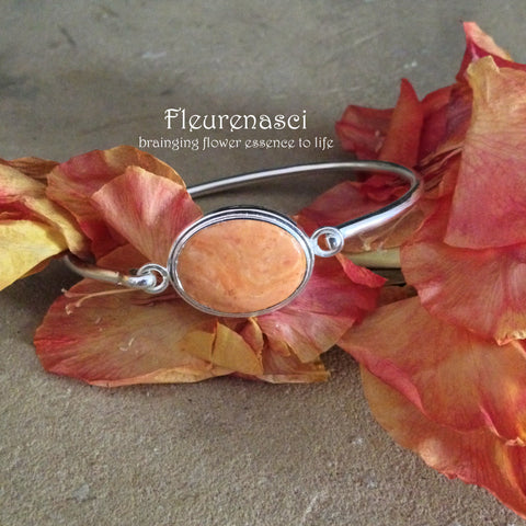 39BR Silver Clasp Bangle Bracelet w/Oval Bezel Flower Bead ~ Custom Order Item ~ Order Form Required