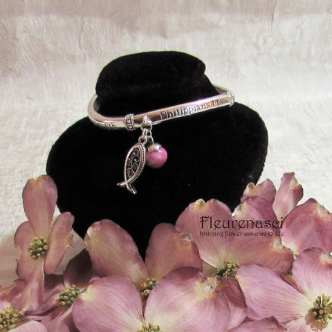42BR Flower Petal Bead Inspirational Philippians 4:13 Bracelet w/Silver Fish Charm