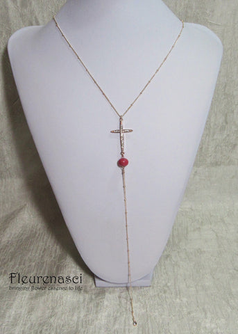 38N-IS-PS Flower Petal Bead Crystal Lined Cross Y Necklace