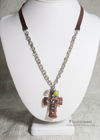 45N-IS-GH Inspirational Flower Petal Bead Hope Hammered Necklace w/Leather Cord and Cross Pendant