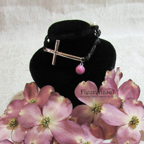 45BR Flower Petal Bead Inspirational Black Leather Bracelet w/Silver Cross