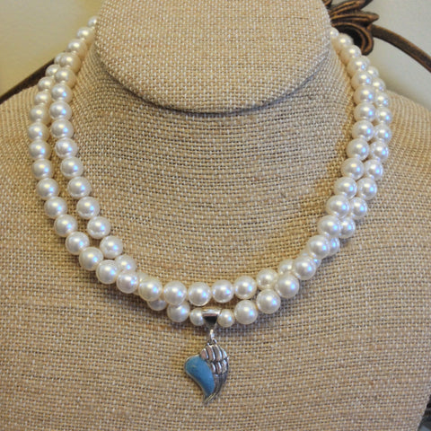 32N Flower Petal Bead Double Strand Pearl Necklace w/Angel Wing Pendant ~ Custom Order ~ Order Form Required