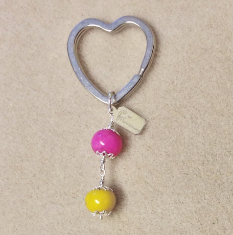HKC3-1 Heart Key Chain with 2 Flower Beads ~ Custom Order ~ Order Form Required